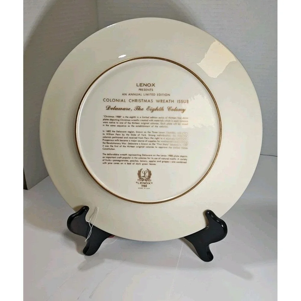Lenox 1988 Colonial Christmas Wreath Delaware The Eighth Colony Collector Plate